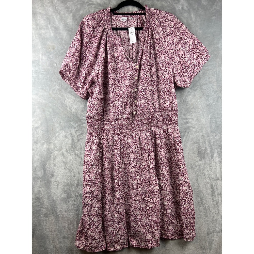 Gap Floral Dress Smocked Waist Midi Purple White Button Front‎ XXL New - Picture 2 of 11